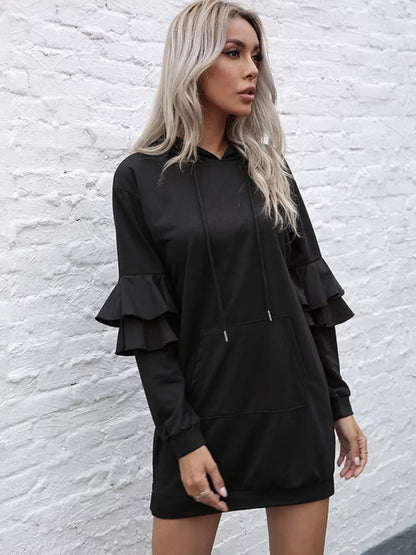 Ruffle Long Sleeve Hooded Mini Dress Black