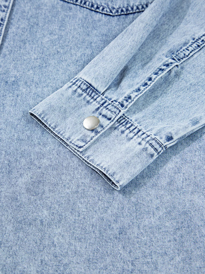 Chest Pocket Raw Hem Denim Loose Shirt Dress