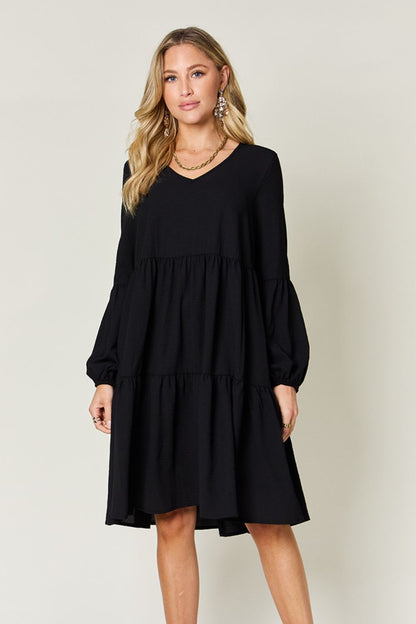 V-Neck Balloon Sleeve Tiered Boho Midi Dress Black