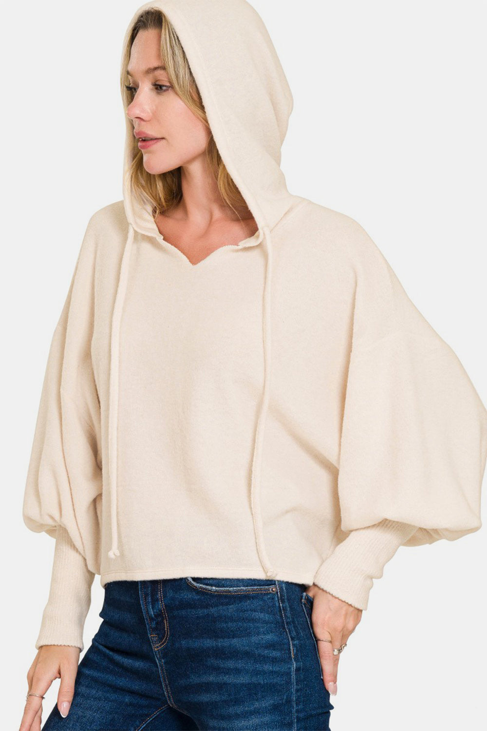 Back To School Sweater - Zenana Brushed Hacci Drop Shoulder Cropped Hoodie Sand Beige