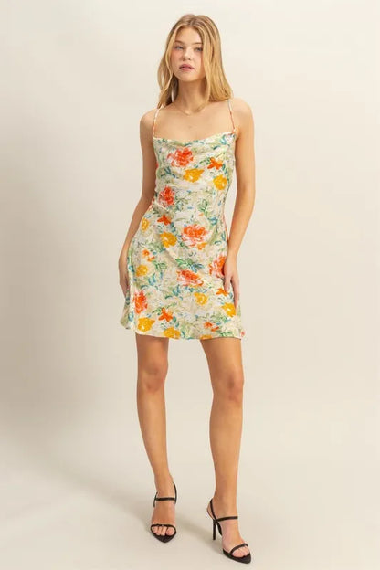 HYFVE Floral Cowl Neck Flirty Satin Mini Dress