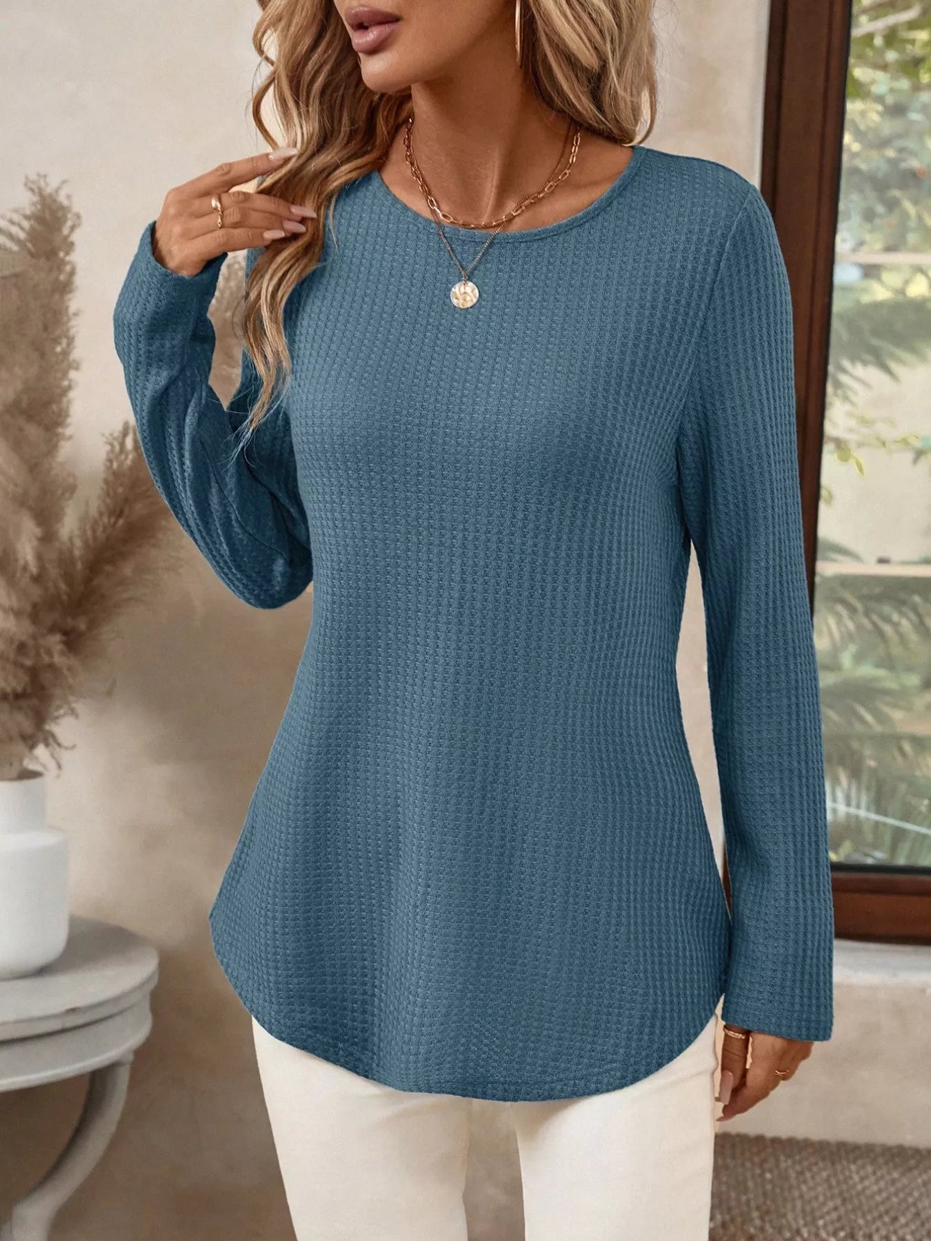 Plus Size Casual Waffle Knit Long Sleeve T-Shirt