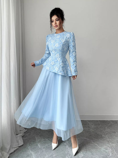 Floral Long Sleeve Tulle Dress