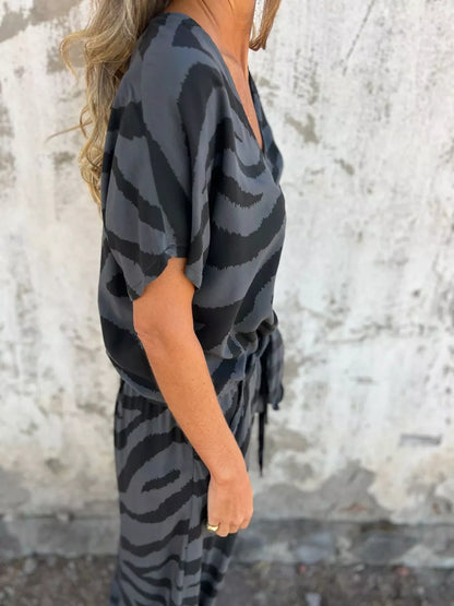 Zebra Print V-Neck Top and Pants Set