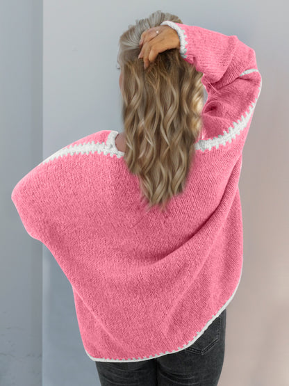 Back To School Sweater - Double Take Contrast Open Front Dropped Shoulder Cardigan