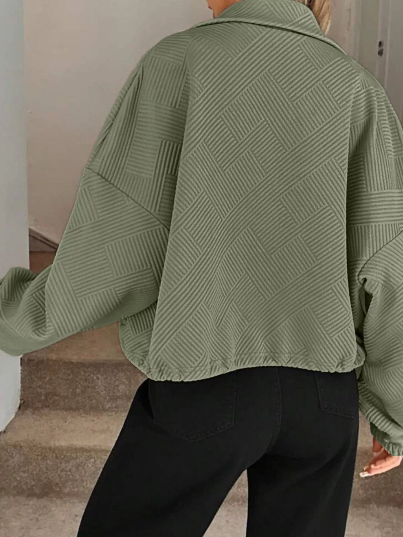 Textured Zip-Up Drawstring Hem Jacket