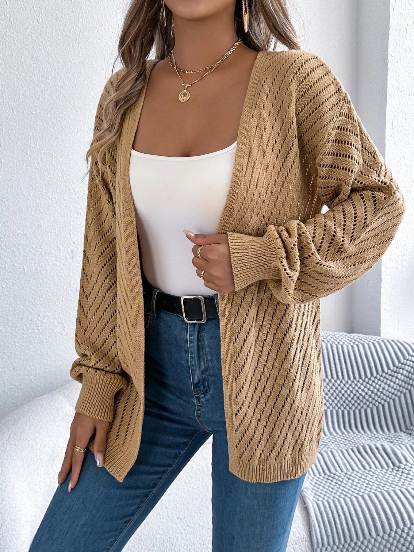 Openwork Open-Front Long Sleeve Cardigan