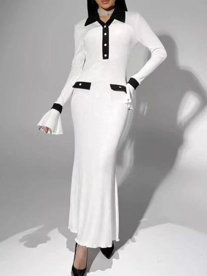 Contrast Collar Long Sleeve Maxi Sweater Dress White