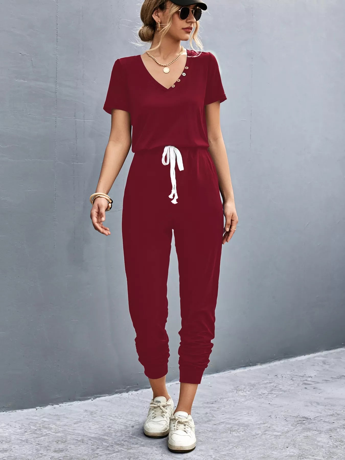 Casual V-Neck Short Sleeve Drawstring Waist Jumpsuit