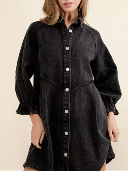 Ruffled Cuff Button-Down Denim Dress