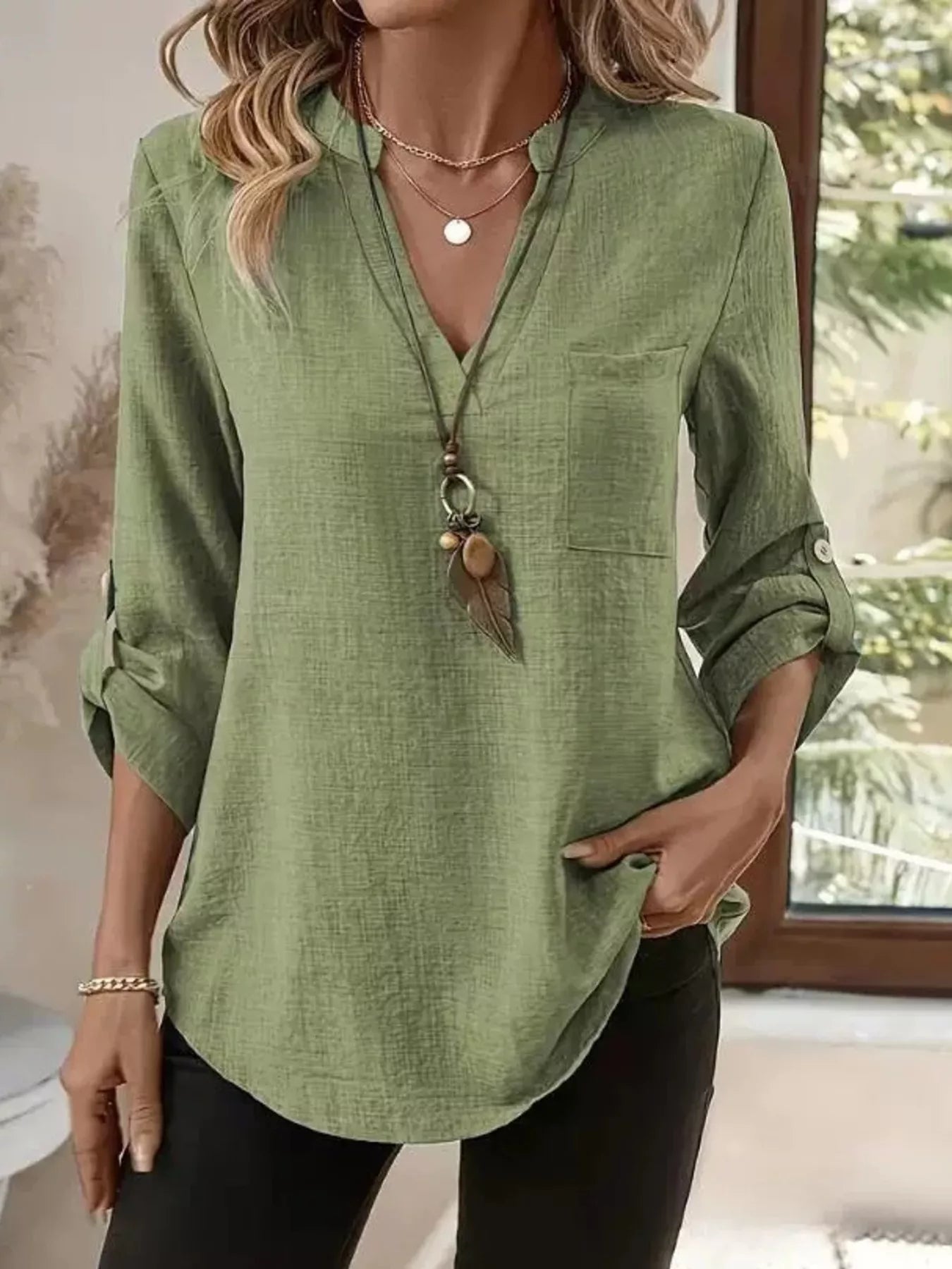 Roll-Up Sleeve Notched Blouse Matcha Green