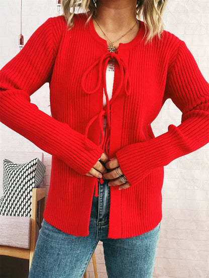 Ribbed Tie Front Long Sleeve Cardigan Red One Size
