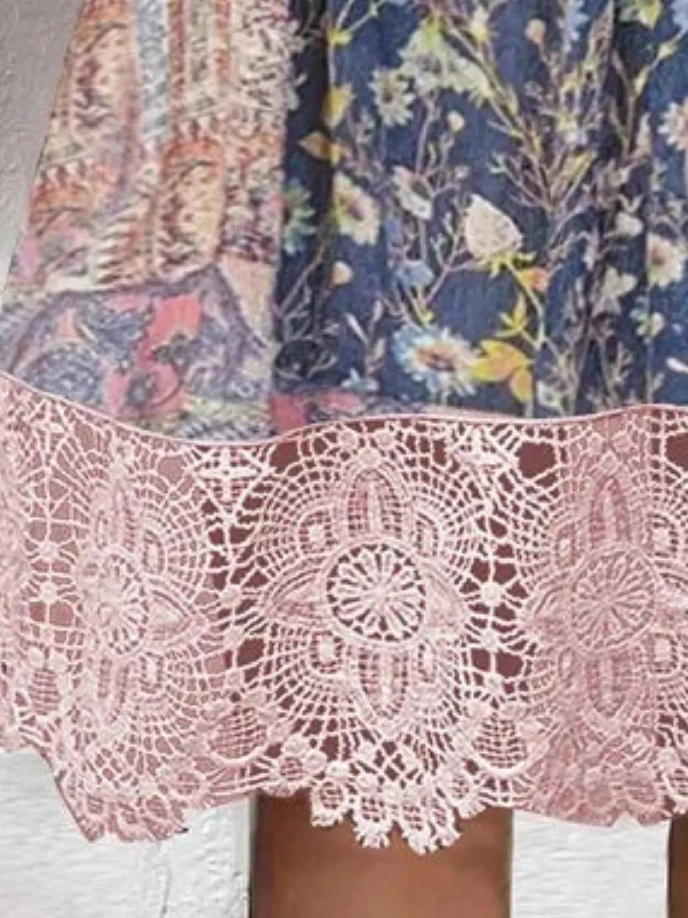 Full Size Floral Lace Trim V-Neck Dress Plus Size