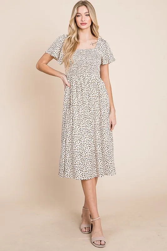 Lime 'N' Chili Ditsy Leopard Print Square Neck Smocked Midi Dress IVORY
