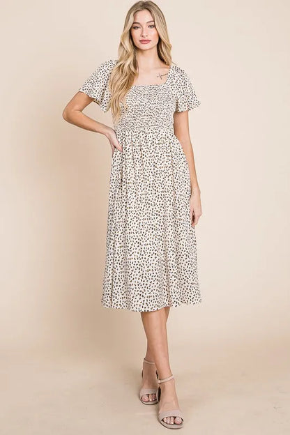 Lime 'N' Chili Ditsy Leopard Print Square Neck Smocked Midi Dress IVORY