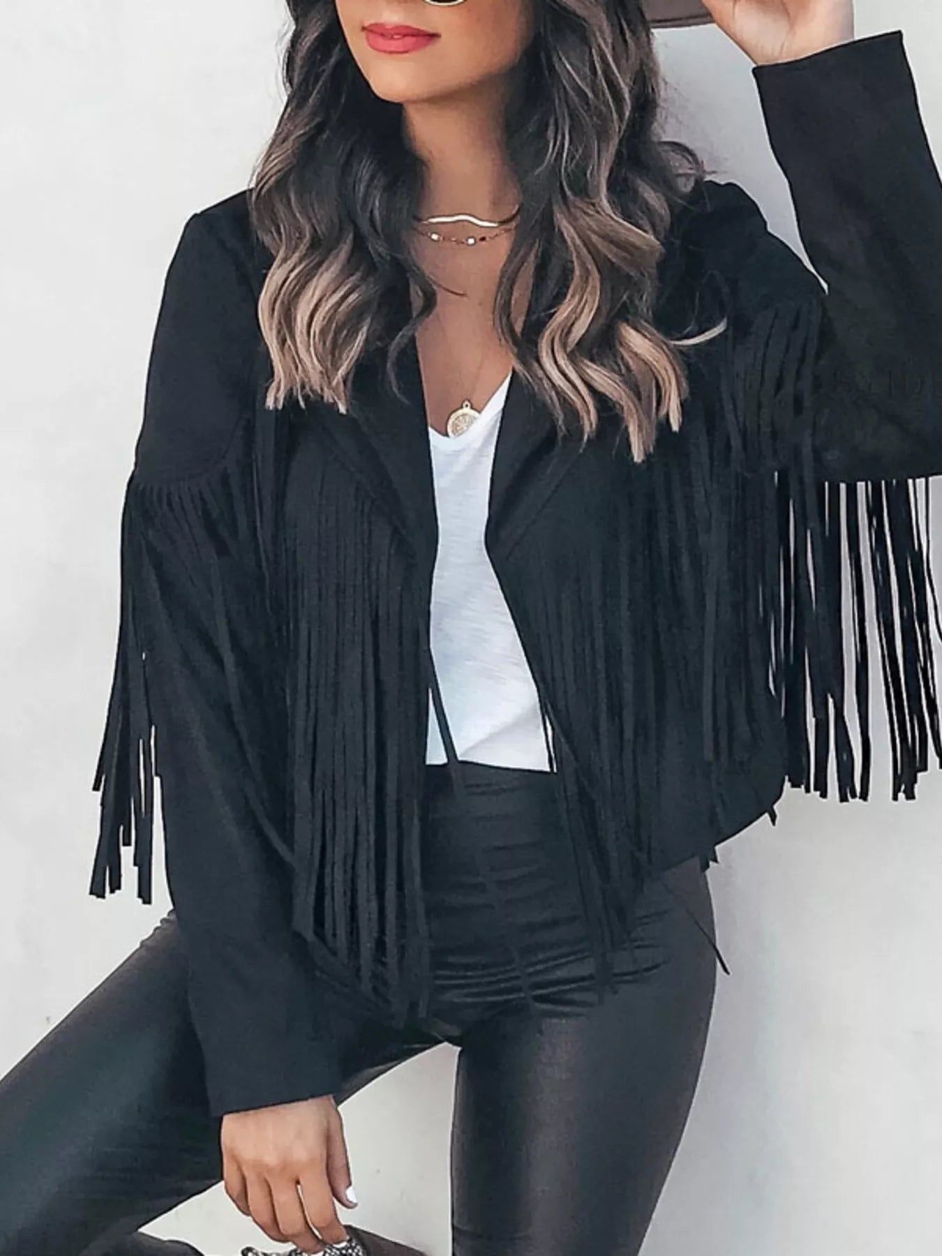Fringe Open Front Cropped Jacket Black