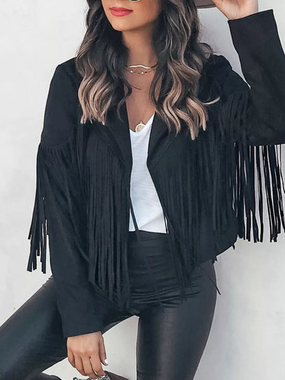 Fringe Open Front Cropped Jacket Black