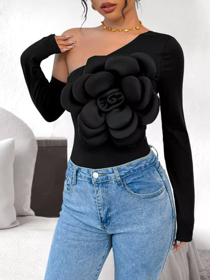 Flower Long Sleeve Single Shoulder Bodysuit Black