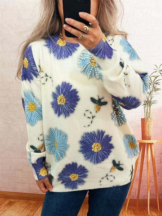Pearl Detail Flower Round Neck Sweater Blue One Size