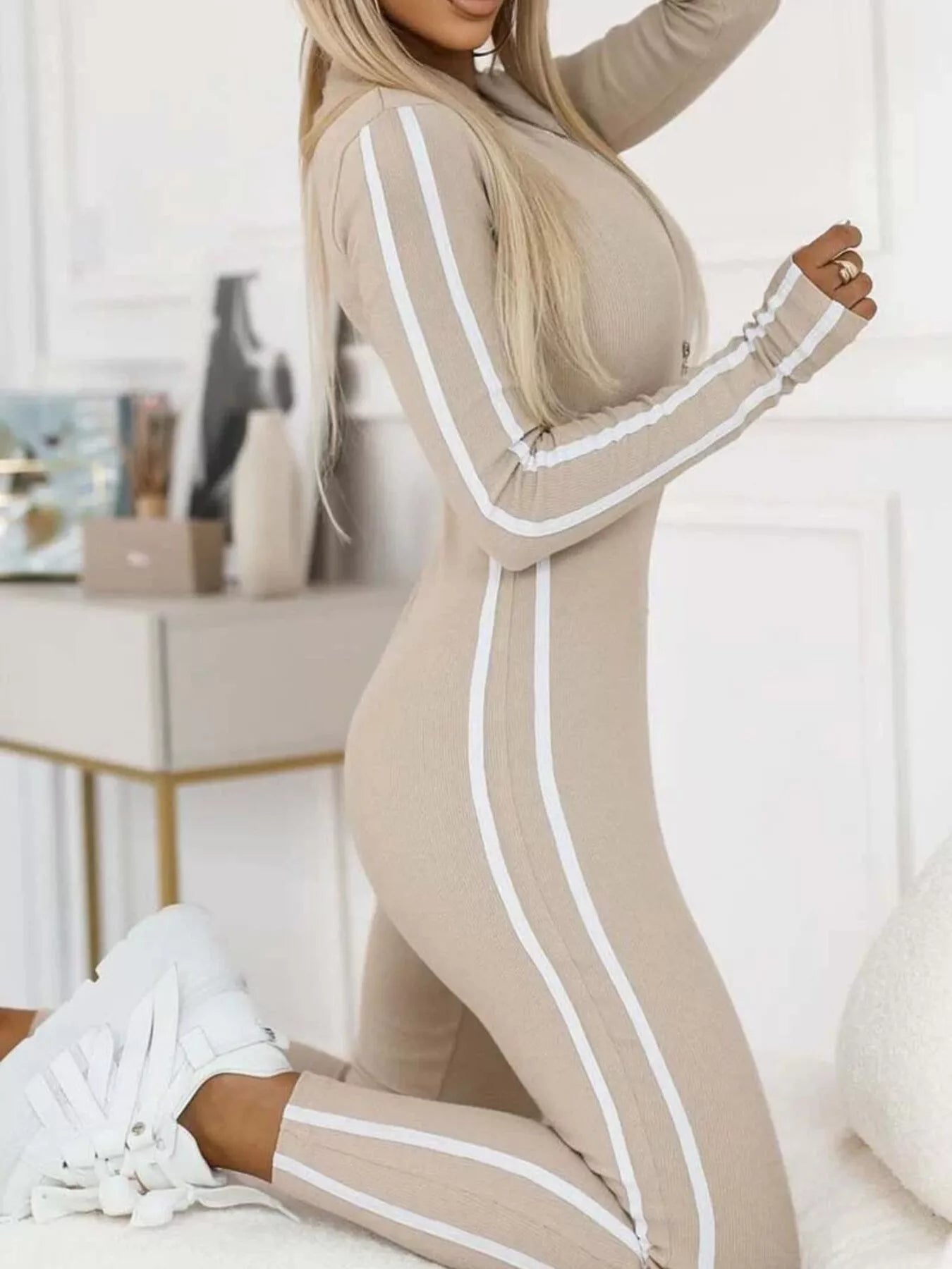 Full Size Stripe Zip-Front Long Sleeve Jumpsuit Plus Size