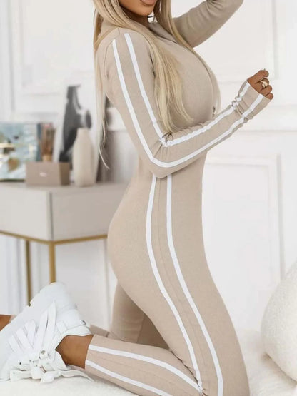 Full Size Stripe Zip-Front Long Sleeve Jumpsuit Plus Size