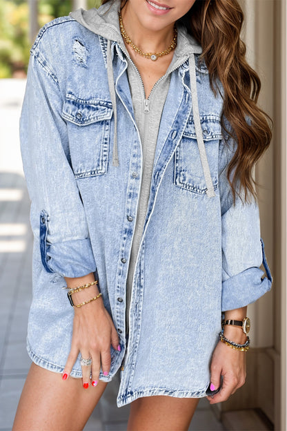 Distressed Button Up Long Sleeve Denim Jacket Medium