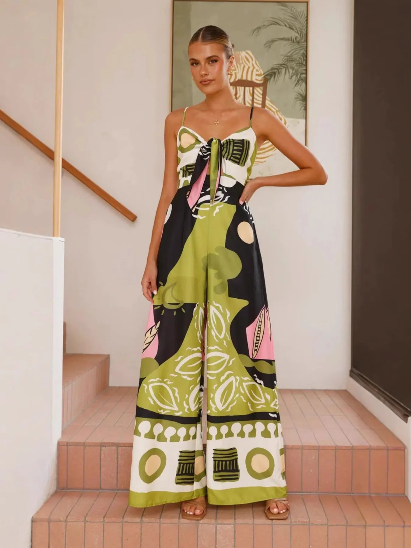 Printed Sweetheart Neck Jumpsuit Fruit Green