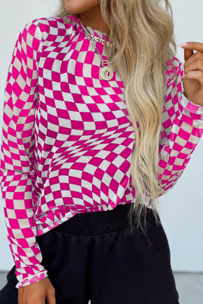 Checkered Mock Neck Long Sleeve Blouse Hot Pink