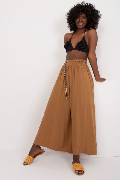 Women's High Waist Wide Leg Viscose Trousers - Elastic Waist with Tie Belt
