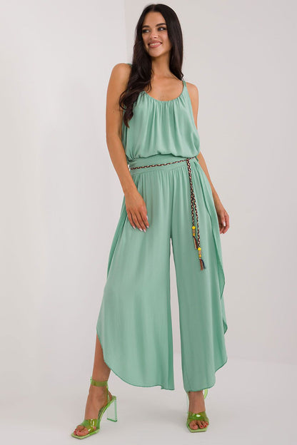 Women's High Waist Viscose Trousers - Airy Pants with Decorative Tie green 4