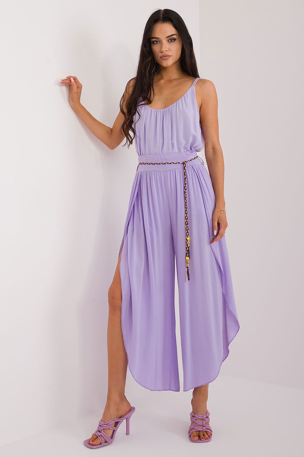 Women's High Waist Viscose Trousers - Airy Pants with Decorative Tie violet