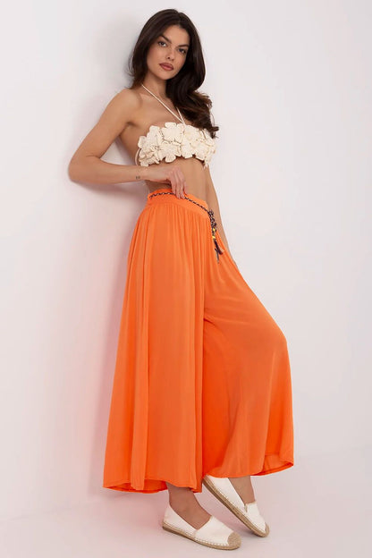 Women's High Waist Wide Leg Viscose Trousers - Elastic Waist with Tie Belt