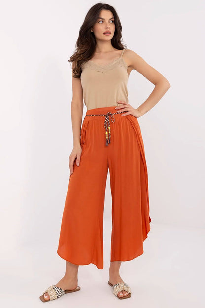 Women's High Waist Viscose Trousers - Airy Pants with Decorative Tie