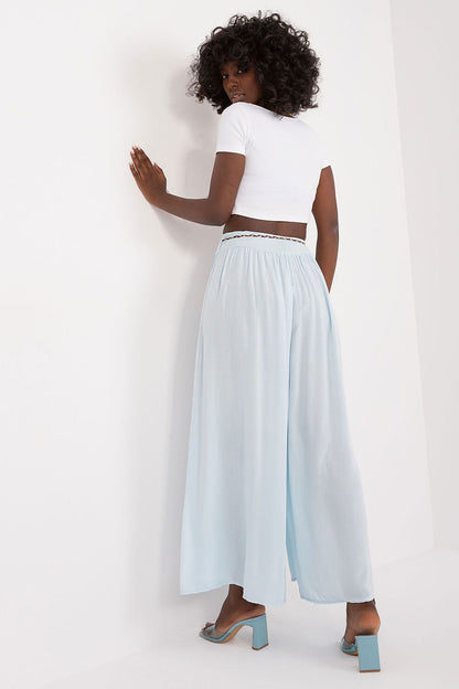 Women's High Waist Wide Leg Viscose Trousers - Elastic Waist with Tie Belt