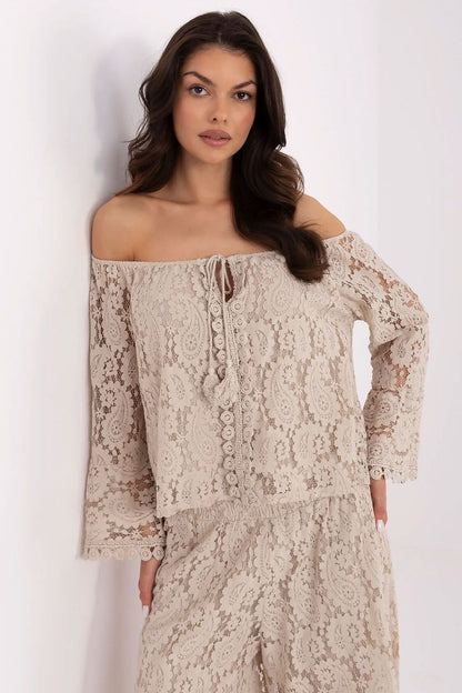 Elegant Spanish Neck Lace Tie Blouse beige one-size-fits-all