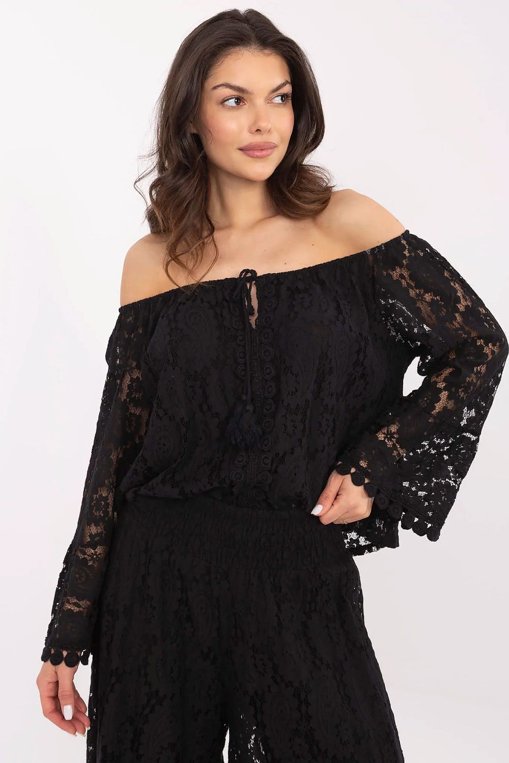 Elegant Spanish Neck Lace Tie Blouse
