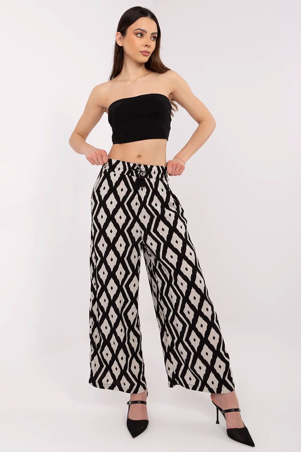 Women's Viscose High Waist Wide Leg Trousers - Printed Casual Pants black 3