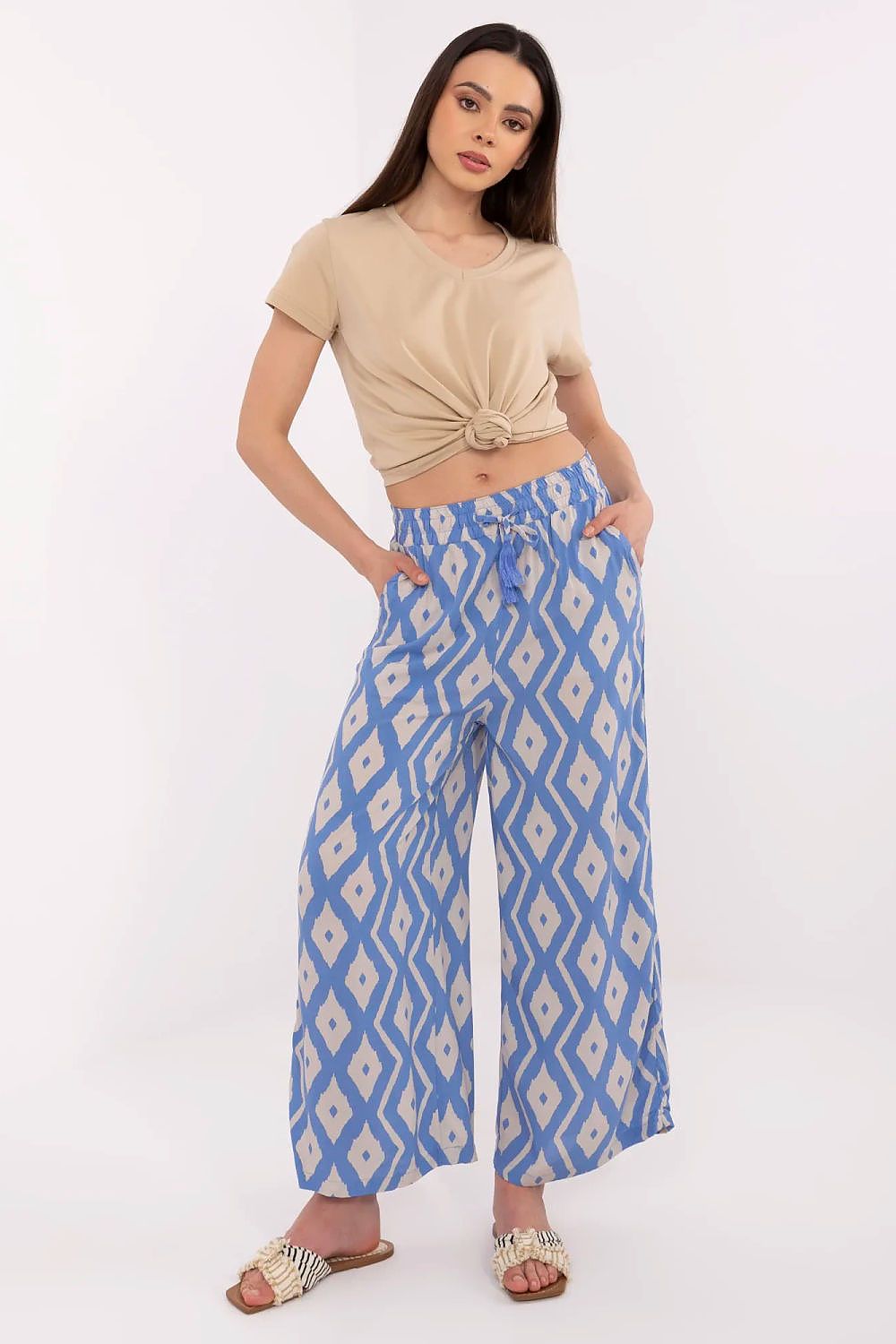 Women's Viscose High Waist Wide Leg Trousers - Printed Casual Pants blue 3