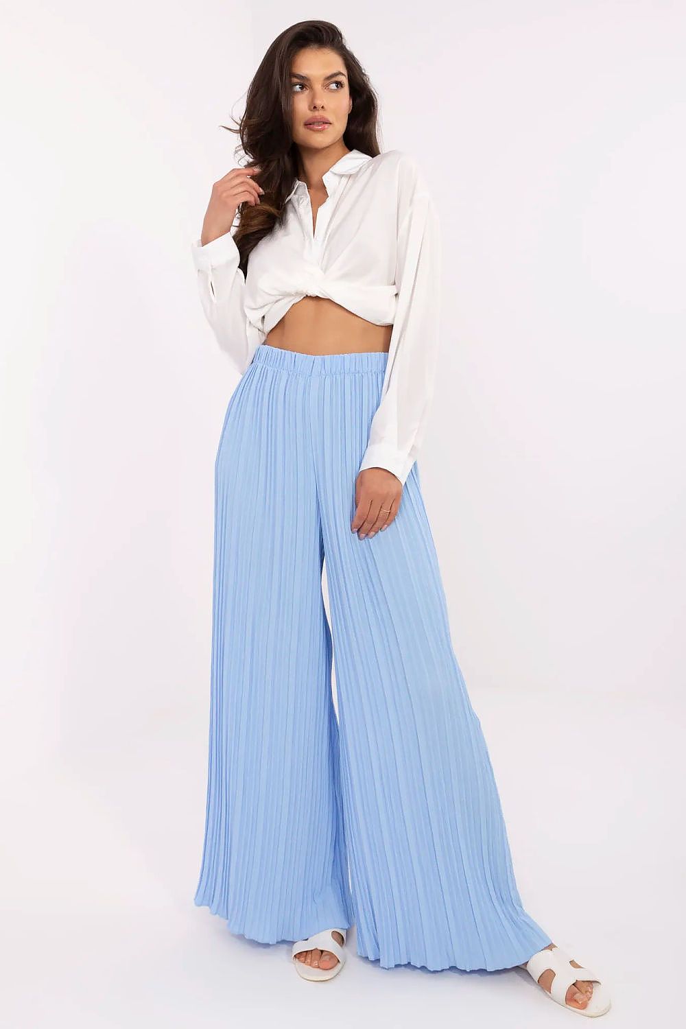 Women's High Waist Wide Leg Polyester Trousers - Structured Fabric Pants blue one-size-fits-all