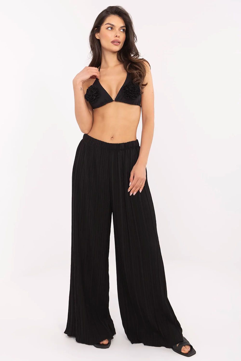 Women's High Waist Wide Leg Polyester Trousers - Structured Fabric Pants black one-size-fits-all