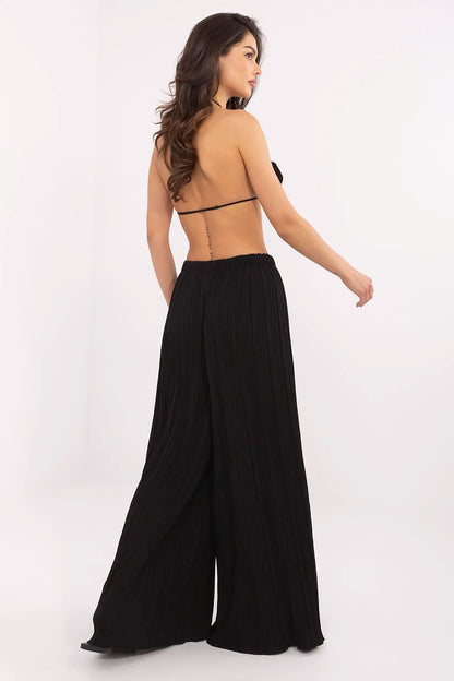 Women's High Waist Wide Leg Polyester Trousers - Structured Fabric Pants