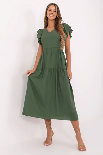 Summer Midi Dress Flared Cut Flutter Sleeves V-Neck Back Buttons Waist Tie one-size-fits-all