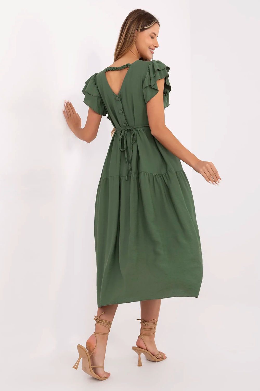 Summer Midi Dress Flared Cut Flutter Sleeves V-Neck Back Buttons Waist Tie