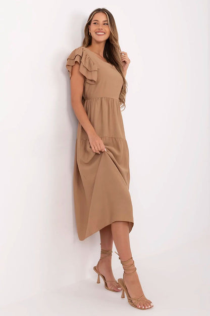 Summer Midi Dress Flared Cut Flutter Sleeves V-Neck Back Buttons Waist Tie