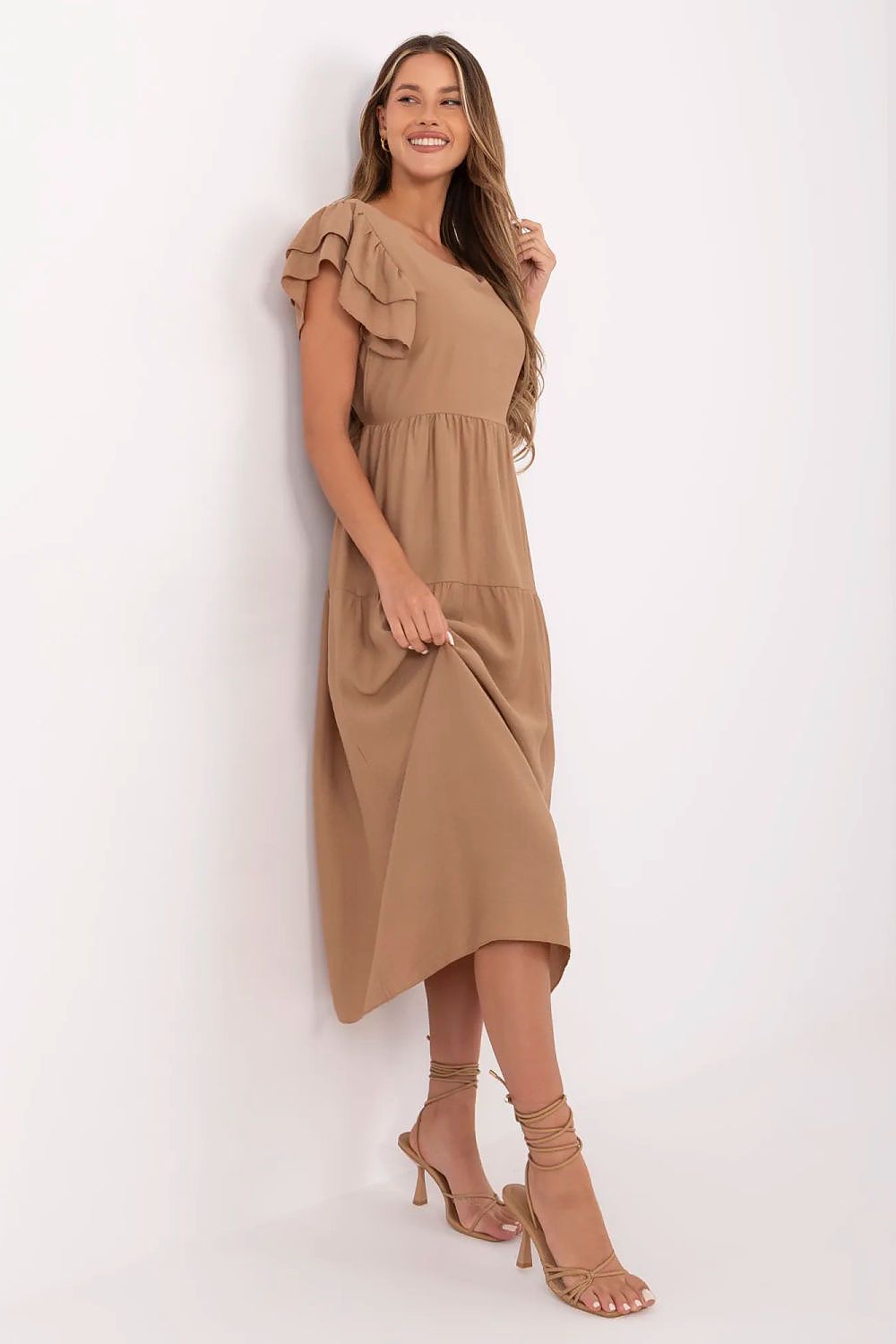 Summer Midi Dress Flared Cut Flutter Sleeves V-Neck Back Buttons Waist Tie