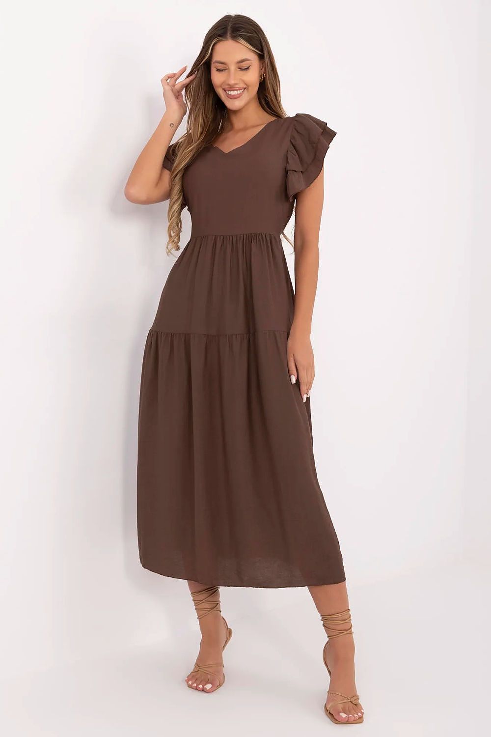 Summer Midi Dress Flared Cut Flutter Sleeves V-Neck Back Buttons Waist Tie