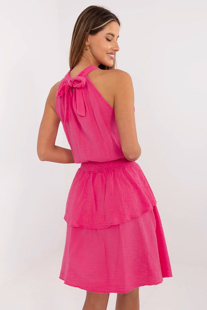 Cotton Muslin Summer Dress Flared Cut Sleeveless Waist Ruching Back Tie