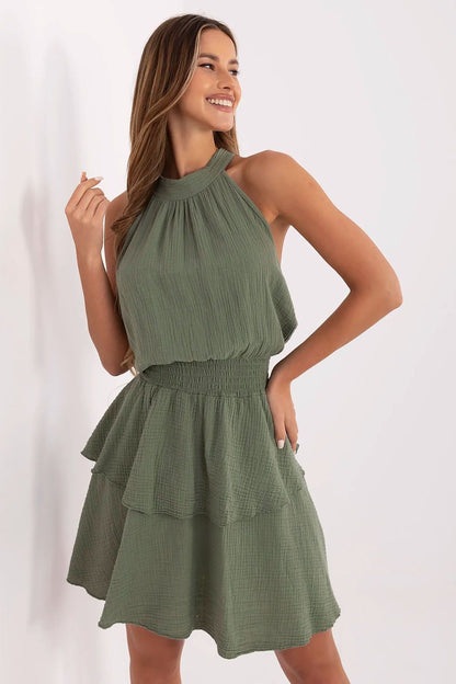 Cotton Muslin Summer Dress Flared Cut Sleeveless Waist Ruching Back Tie green one-size-fits-all