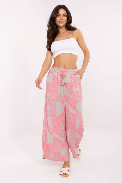 Women's Viscose High Waist Wide Leg Trousers - Printed Casual Pants pink