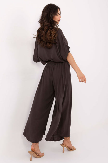 Women's High Waist Wide Leg Viscose Trousers - Elastic Waist with Tie Belt